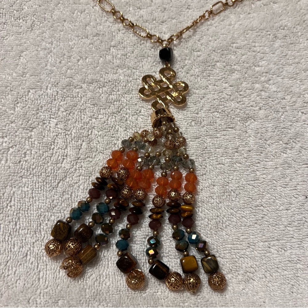New Gold Tassel Beaded Pendant Necklace - Orange, Brown & Teal